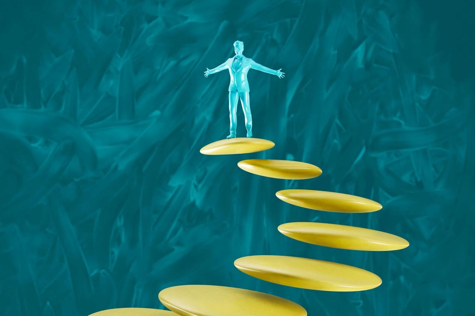Figure climbing a staircase of coins, representing business growth